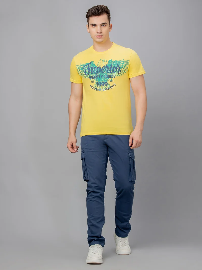 جلو باص Globus Men Yellow Printed Cotton Round Neck Regular Fit T-shirt